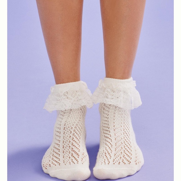 Anthropologie NWT Set of Two Pairs Lace Ruffle Socks White Gray NEW - Picture 4 of 9